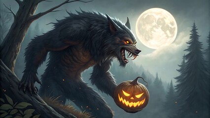 Fearsome werewolf with glowing jack o lantern under a full moon in a spooky forest