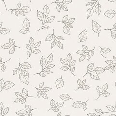 Delicate botanical pattern of light green leaves and branches on a soft cream background