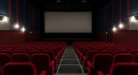 Fototapeta premium Empty Cinema Auditorium with Rows of Red Seats and Large Screen