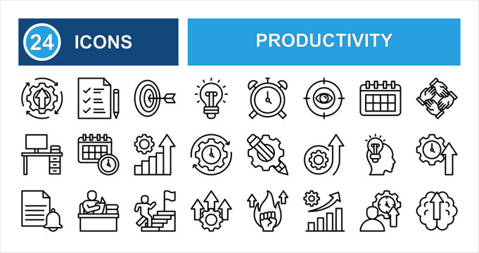 Minimalist productivity line icon set with editable stroke, featuring time management, desktop, folder, organizer, automation, teamwork, goal, focus, task, and reminder in clean thin linear style.