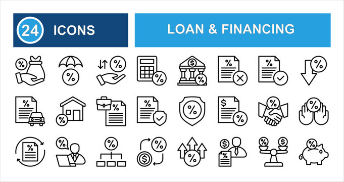 Minimalist loan & financing line icon set with editable stroke, featuring mortgage, bank, calculator, car, deposit, loan, applicant, interest rate, and payday loan in clean thin linear style.