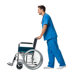 Obraz premium Male nurse pushing wheelchair in hospital healthcare medical assistance mobility aid patient transport service on transparent background