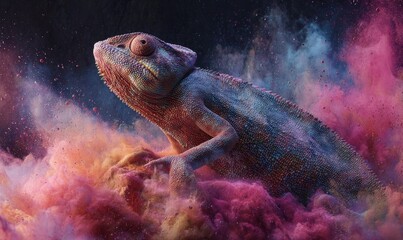 A vibrant chameleon surrounded by colorful powder