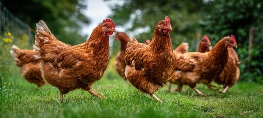 The chickens roaming freely on lush green pasture in a peaceful rural farm setting