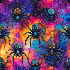 Colorful spiders on a vibrant cosmic web