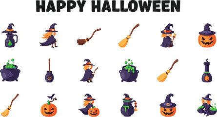 Happy halloween with witch and pumpkin for holiday party invitation design template for celebration