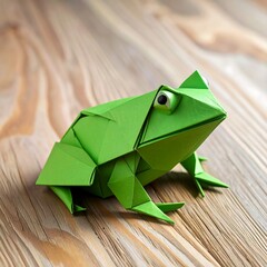 Green origami frog on wooden table.  Folded paper amphibian.  Detailed design.  Precise folds.  Sitting pose