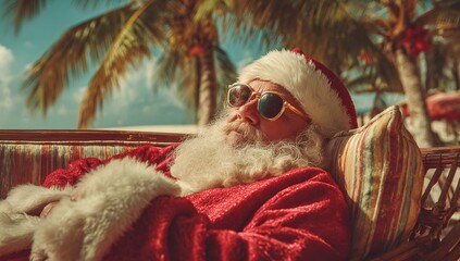 Santa Claus Relaxing on Tropical Beach Chair