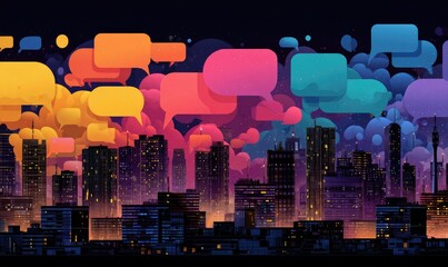 Colorful cityscape at night with many speech bubbles