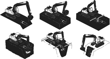 Heavy excavator construction machinery digging trench pipeline installation industrial earthmoving equipment working site silhouette engineering vector illustration design © Musa's Word