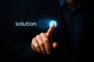 Fingertip touches glowing button labeled solution on dark background