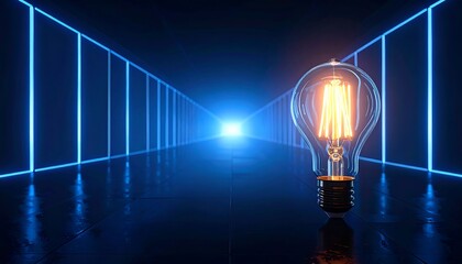 Futuristic tunnel with glowing light bulb