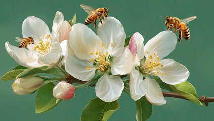 Blossoming apple tree with bees