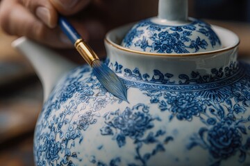 A hand meticulously painting a porcelain teapot
