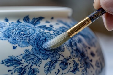 A hand delicately paints a floral design on a porcelain vase