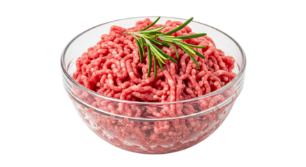 Fresh ground beef in a clear bowl, garnished with rosemary, ready for cooking.