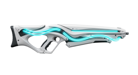 Futuristic prototype rifle with glowing energy conduits and sleek white design showcased against a transparent background