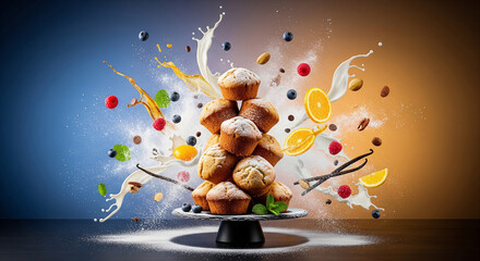 Creative display of muffins surrounded by fresh ingredients in a vibrant kitchen setting