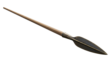 Greek hoplite spear with slender wooden shaft and sharp bronze head displayed on transparent background