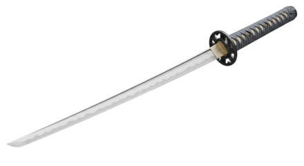 Curved Japanese katana with wavy hamon line and cord-wrapped handle, isolated on transparent background