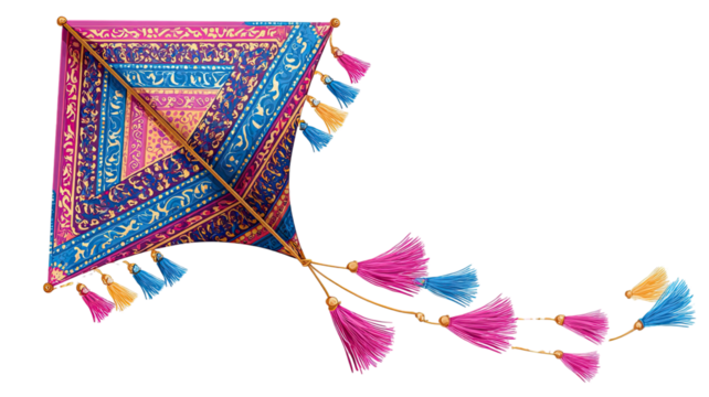 Colorful traditional Indian kite with vibrant paper surface creating a festive cultural celebration decoration illustration isolated on white background