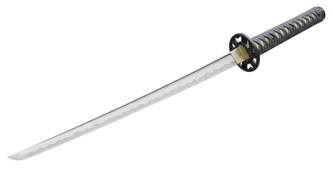 Curved Japanese katana with wavy hamon line and cord-wrapped handle, isolated on transparent background