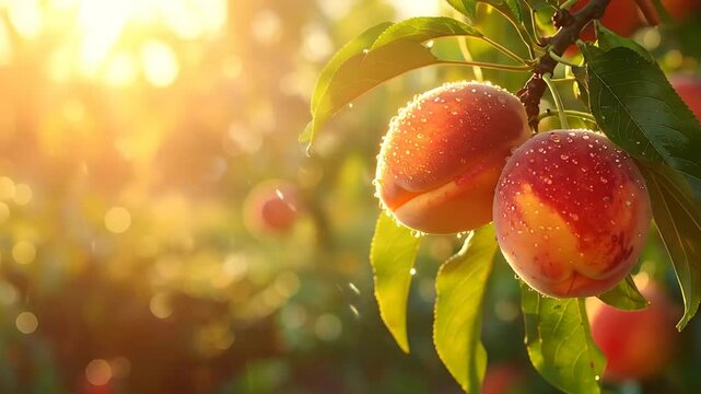 Sun-Kissed Plum Orchard: Captivating close-up of ripe plums glistening at dawn, bathed in golden