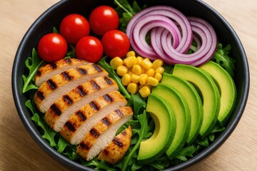 Healthy grilled chicken salad with avocado and fresh vegetables