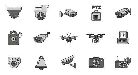 Collection of Security and Surveillance Icons in Gray Scale.