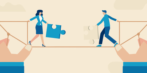 Business people balancing on a tightrope carrying puzzle pieces to connect them