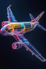 3D illustration of a futuristic airplane design, showcasing intricate wireframe details and vibrant colors against a dark background, representing advanced aviation technology and innovation