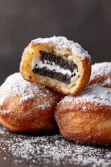 Freshly fried Oreo dessert, cut in half to reveal creamy filling and chocolate cookie, dusted with powdered sugar, showcasing indulgent treat with copy space
