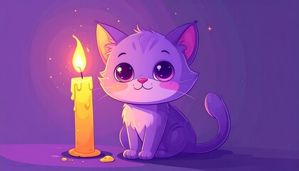 Cute purple cartoon cat by candlelight