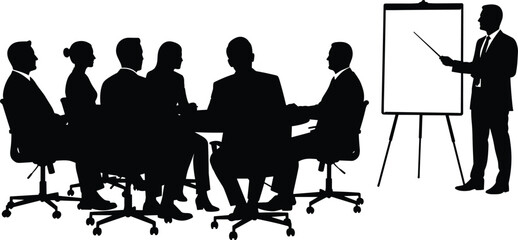 Business meeting silhouette, corporate presentation, teamwork discussion, office conference, professional communication, flip chart training, leadership, strategy planning