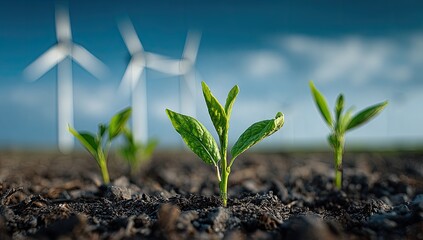 Young plants sprout in soil, wind turbines in background