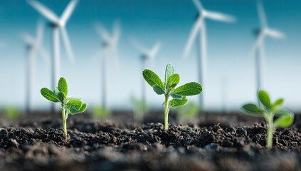 Green shoots sprout amidst wind turbines