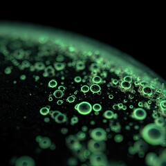 Close-up of glowing green bubbles on a dark surface