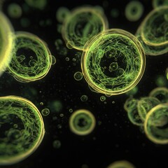 Close-up of glowing green cells