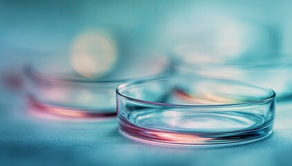 Naklejka premium Empty glass petri dishes on a soft-focus teal surface