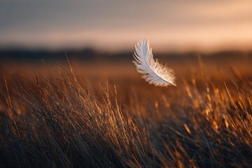 Obraz premium A solitary feather floats over a field of tall grass at sunset