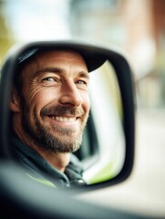 A happy man is smiling while looking in the rearview mirror, enjoying a drive.