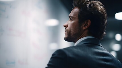 A focused businessman in a suit contemplates ideas on a whiteboard in a modern office setting