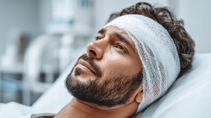 Injured man resting in a hospital bed, receiving medical care after suffering a head wound.