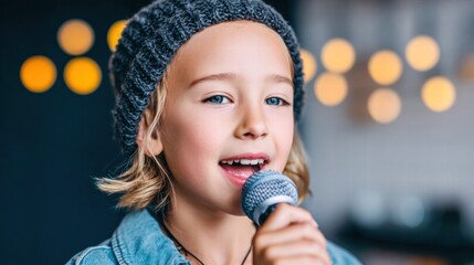 A young child passionately singing into a microphone, full of joy and musical talent.