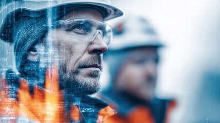 Two construction workers stand with digital overlay, symbolizing industry and technological advancement.