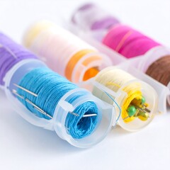 Colorful spools of thread in plastic holders