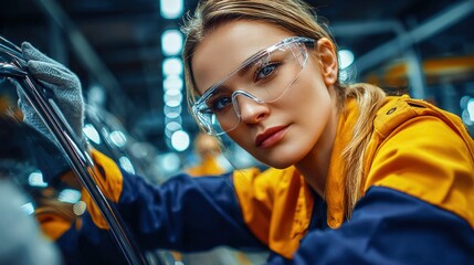 Attractive female worker in safety glasses at her job, looking intently at the camera.