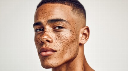 A close-up portrait showcases a young man with prominent freckles and a striking gaze.