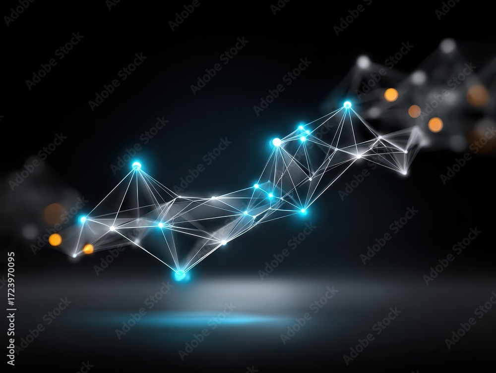 Poster abstract representation of interconnected nodes and lines with glowing effects on a dark background