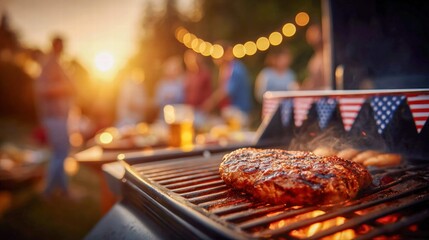 A mouthwatering steak on the grill is the centerpiece of a festive summer barbecue.